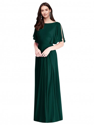 Outlet Bell Sleeves Soft Chiffon V-Back A-Line Ever Green Maxi Evening Dress Canada