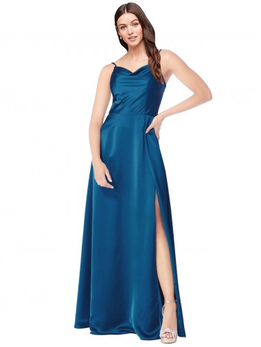 Outlet Sleeveless Silky Satin Low Back A-Line Peacock Blue Evening Dress Canada