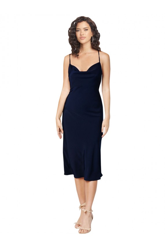 Outlet Sleeveless Silky Satin Criss Cross Open Back A-Line Dark Navy Evening Dress Canada