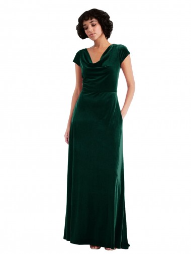 Outlet Cap Sleeves Stretch Velvet A-Line Dark Green Maxi Evening Dress Canada