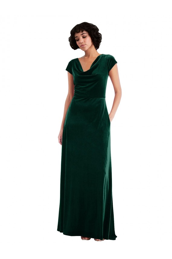 Outlet Cap Sleeves Stretch Velvet A-Line Dark Green Maxi Evening Dress Canada