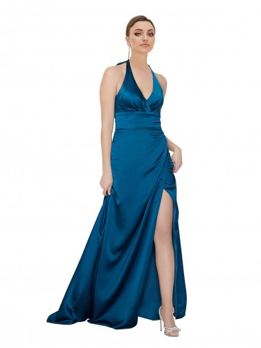 Outlet Sleeveless Silky Satin Open Back A-Line Peacock Blue Evening Dress Canada