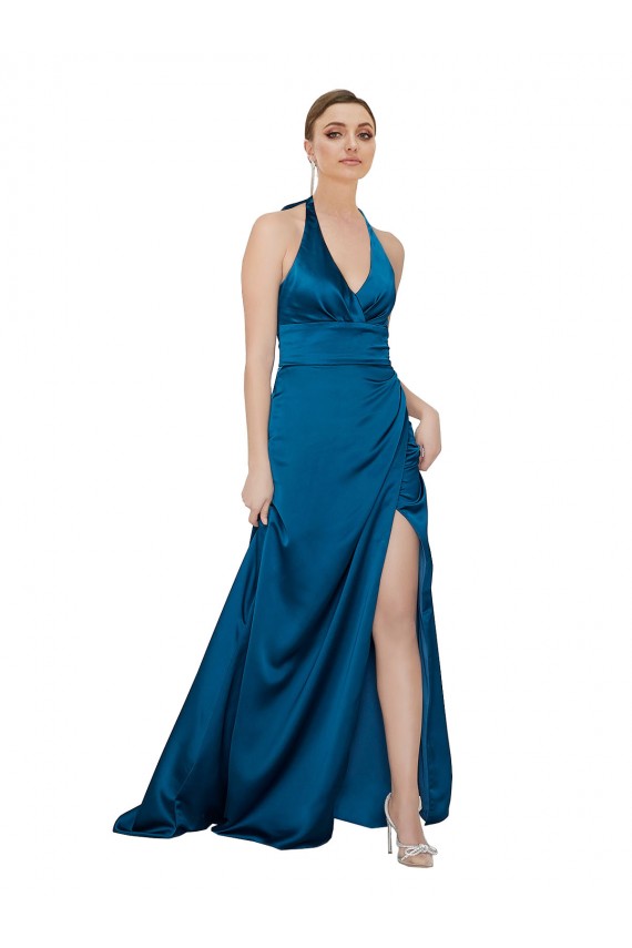 Outlet Sleeveless Silky Satin Open Back A-Line Peacock Blue Evening Dress Canada