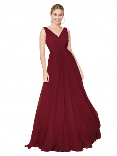 Outlet Sleeveless Soft Chiffon V-Back A-Line Burgundy Bridal Party Dress Canada