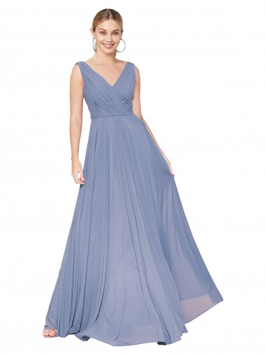 Outlet Sleeveless Soft Chiffon V-Back A-Line Dusty Blue Wedding Guest Dress Canada