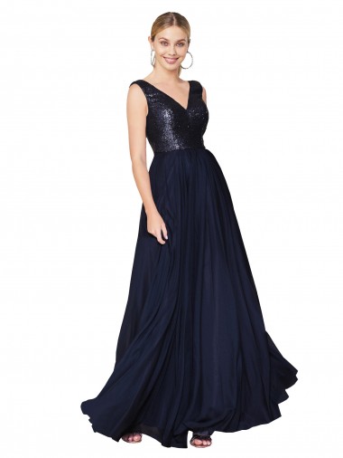Outlet Sleeveless Soft Chiffon & Sequin V-Back A-Line Dark Navy Semi Formal Evening Dress Canada