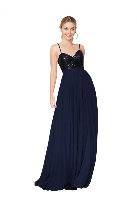 Outlet Sleeveless Soft Chiffon & Sequin A-Line Dark Navy Semi Formal Evening Dress Canada