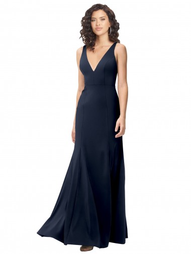 Outlet Sleeveless Stretch Crepe V-Back A-Line Dark Navy Evening Dress Canada
