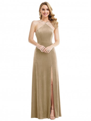 Outlet Sleeveless Stretch Velvet Open Back A-Line Champagne Maxi Evening Dress Canada