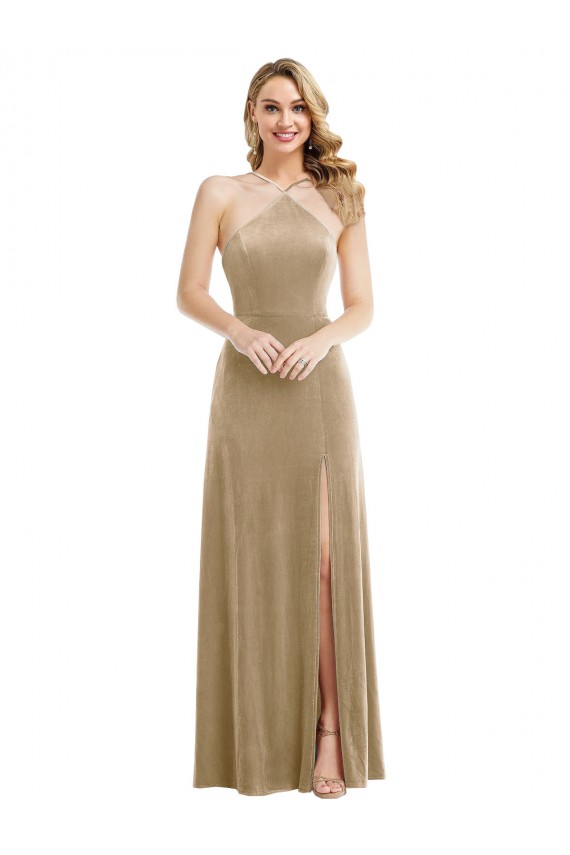 Outlet Sleeveless Stretch Velvet Open Back A-Line Champagne Maxi Evening Dress Canada
