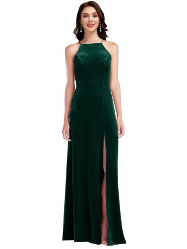 Outlet Sleeveless Stretch Velvet A-Line Dark Green Maxi Evening Dress Canada