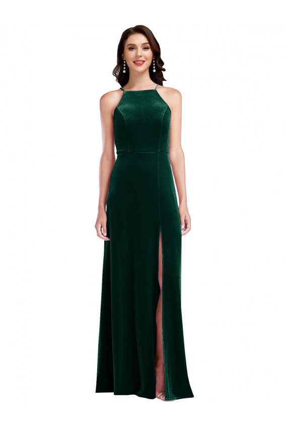 Outlet Sleeveless Stretch Velvet A-Line Dark Green Maxi Evening Dress Canada