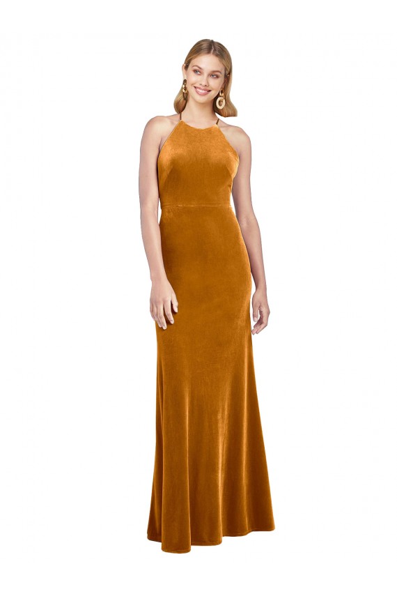 Outlet Sleeveless Stretch Velvet Criss Cross Open Back A-Line Gold Evening Dress Canada