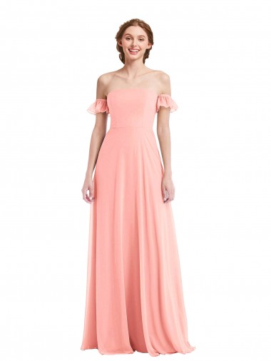 Outlet Flutter Sleeves Soft Chiffon A-Line Salmon Maxi Evening Dress Canada