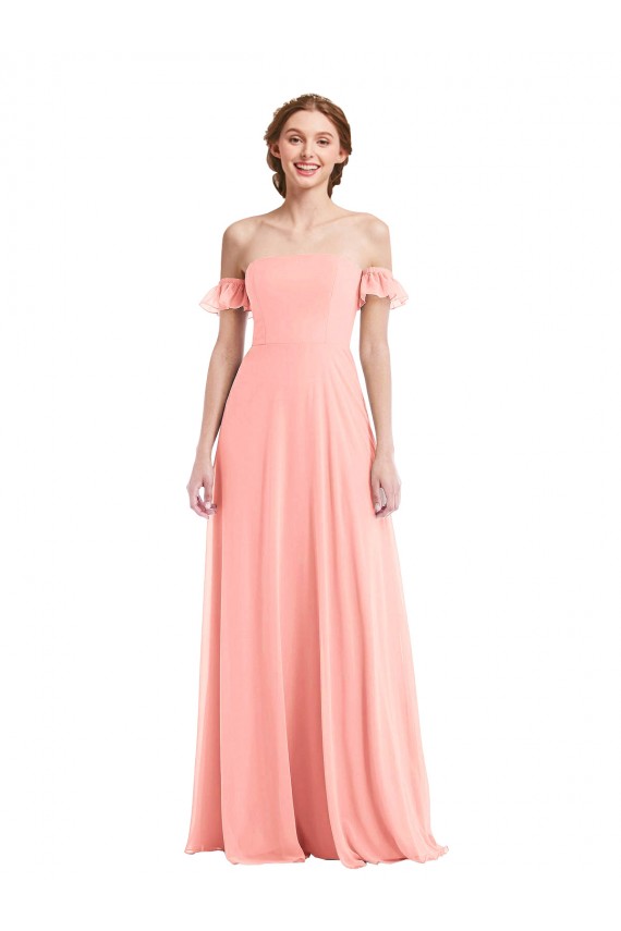 Outlet Flutter Sleeves Soft Chiffon A-Line Salmon Maxi Evening Dress Canada