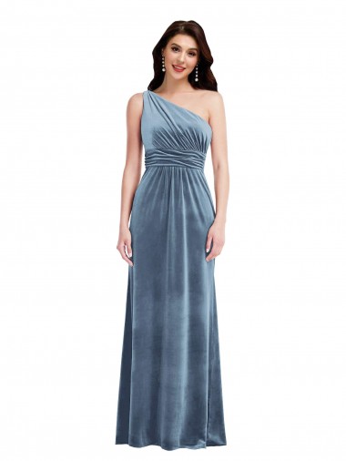 Outlet Sleeveless Stretch Velvet A-Line Dusty Blue Maxi Evening Gown Canada