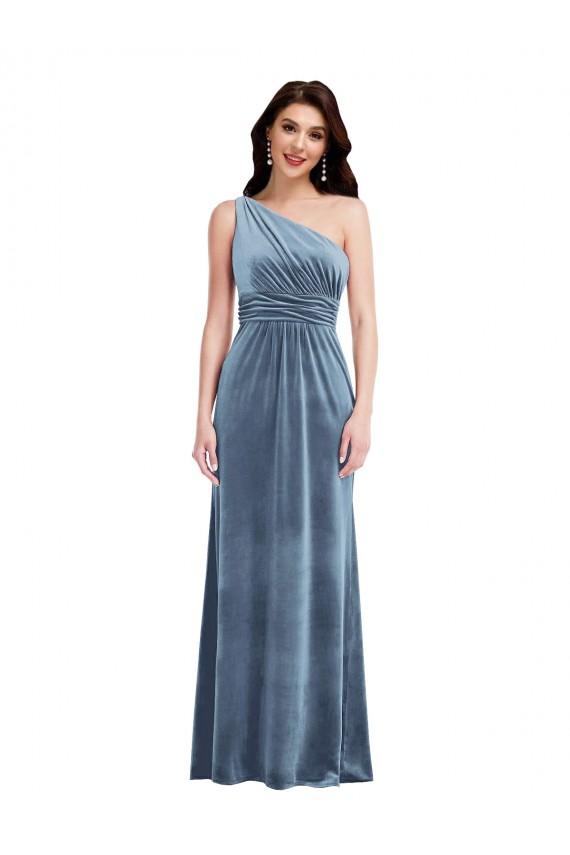 Outlet Sleeveless Stretch Velvet A-Line Dusty Blue Maxi Evening Gown Canada