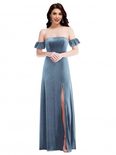 Outlet Ruffle Sleeves Stretch Velvet Low Back A-Line Dusty Blue Semi Formal Evening Dress Canada