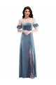 Outlet Ruffle Sleeves Stretch Velvet Low Back A-Line Dusty Blue Semi Formal Evening Dress Canada