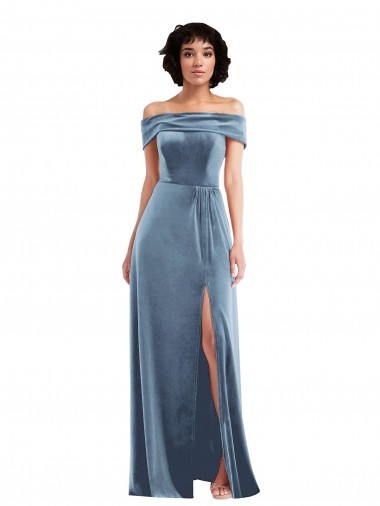 Outlet Sleeveless Stretch Velvet A-Line Dusty Blue Maxi Evening Dress Canada