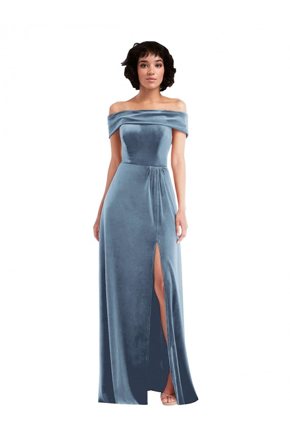 Outlet Sleeveless Stretch Velvet A-Line Dusty Blue Maxi Evening Dress Canada