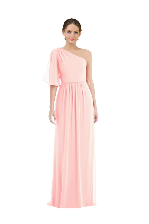 Outlet Bell Sleeves Soft Chiffon A-Line Pink Maxi Evening Dress Canada