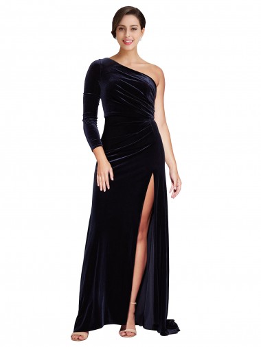 Outlet Long Sleeves Stretch Velvet A-Line Dark Navy Evening Dress Canada