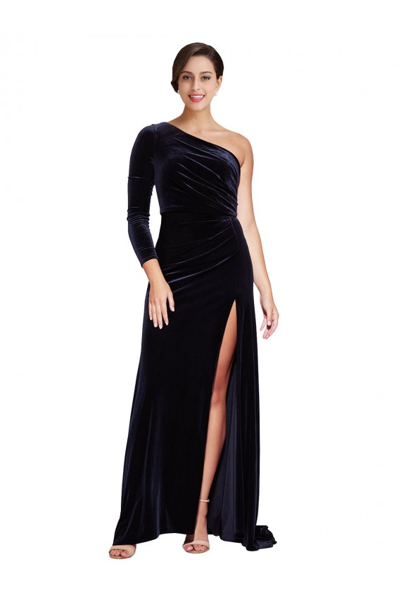 Outlet Long Sleeves Stretch Velvet A-Line Dark Navy Evening Dress Canada