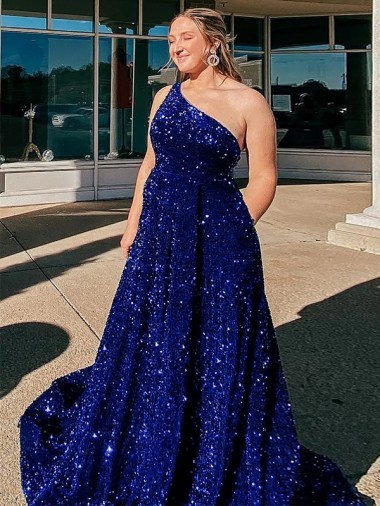 Outlet Sleeveless Velvet Sequin A-Line Royal Blue Evening Dress Canada
