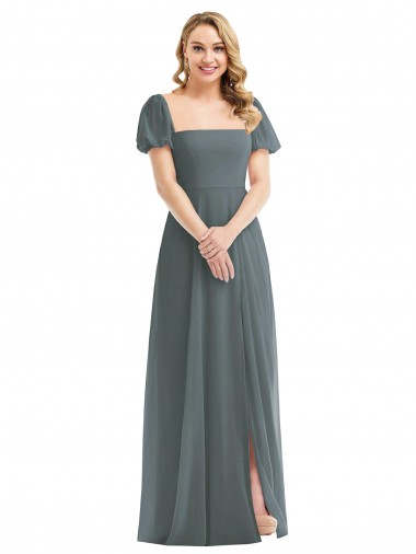 Outlet Puff Sleeves Soft Chiffon A-Line Slate Grey Maxi Evening Dress Canada