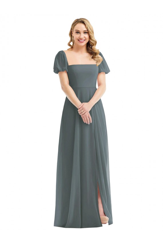 Outlet Puff Sleeves Soft Chiffon A-Line Slate Grey Maxi Evening Dress Canada