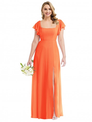 Outlet Flutter Sleeves Soft Chiffon Open Back A-Line Tangerine Tango Maxi Evening Dress Canada