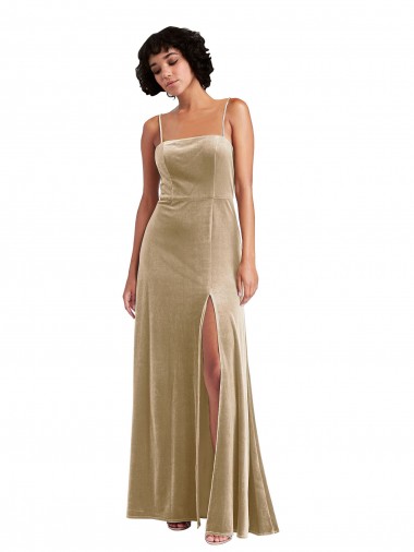 Outlet Sleeveless Stretch Velvet Low Back A-Line Champagne Maxi Evening Dress Canada