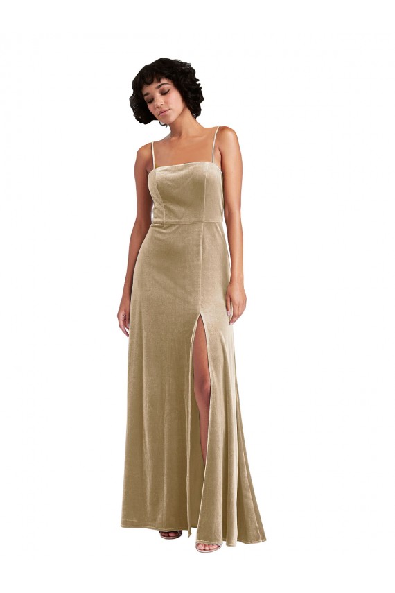 Outlet Sleeveless Stretch Velvet Low Back A-Line Champagne Maxi Evening Dress Canada