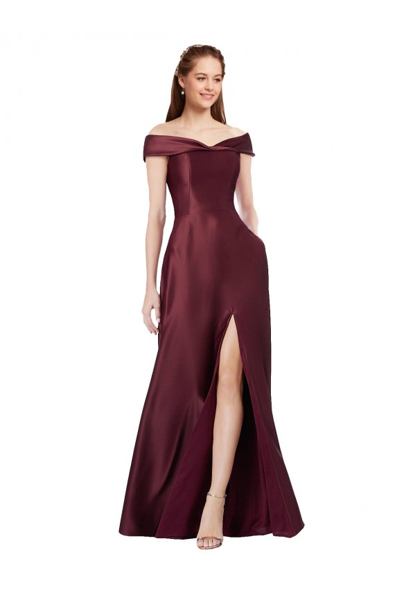Outlet Cap Sleeves Satin A-Line Burgundy Gold Evening Dress Canada