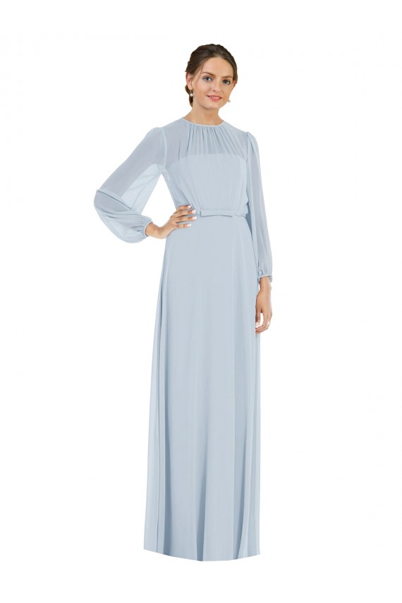 Outlet Puff Sleeves Soft Chiffon Keyhole Back A-Line Sea Glass Maxi Evening Dress Canada