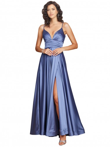 Outlet Sleeveless Silky Satin Low Back A-Line French Blue Sexy Evening Dress Canada
