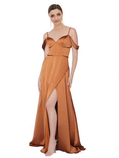 Outlet Cold Shoulder Silky Satin Low Back A-Line Orange Evening Dress Canada