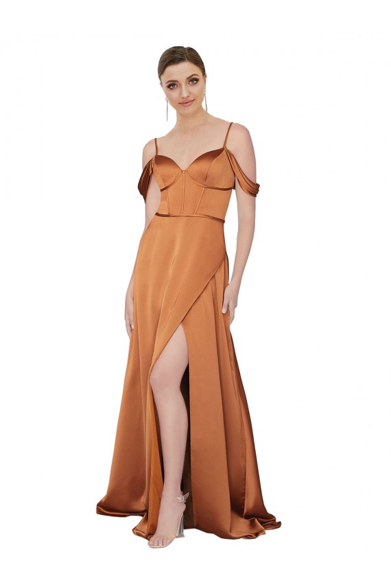Outlet Cold Shoulder Silky Satin Low Back A-Line Orange Evening Dress Canada