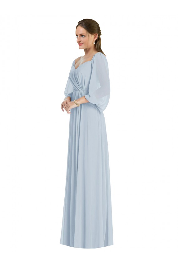 Outlet Puff Sleeves Soft Chiffon A-Line Sea Glass Evening Dress Canada