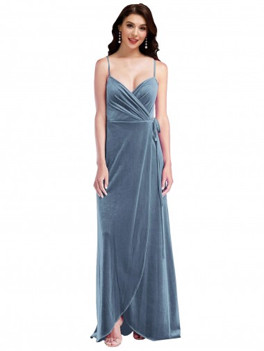 Outlet Sleeveless Stretch Velvet Low Back A-Line Dusty Blue Maxi Evening Dress Canada