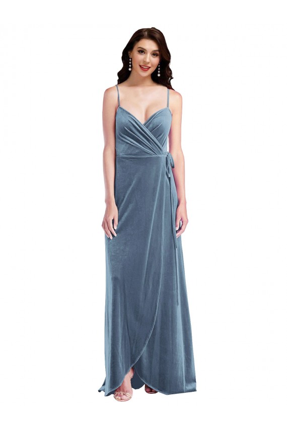 Outlet Sleeveless Stretch Velvet Low Back A-Line Dusty Blue Maxi Evening Dress Canada
