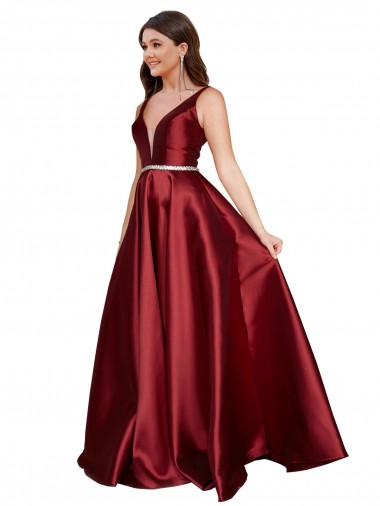 Outlet Sleeveless Satin V-Back A-Line Burgundy Plus Size Evening Dress Canada
