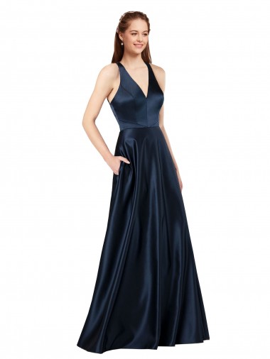 Outlet Sleeveless Luxe Satin Keyhole Back A-Line Dark Navy Evening Dress Canada