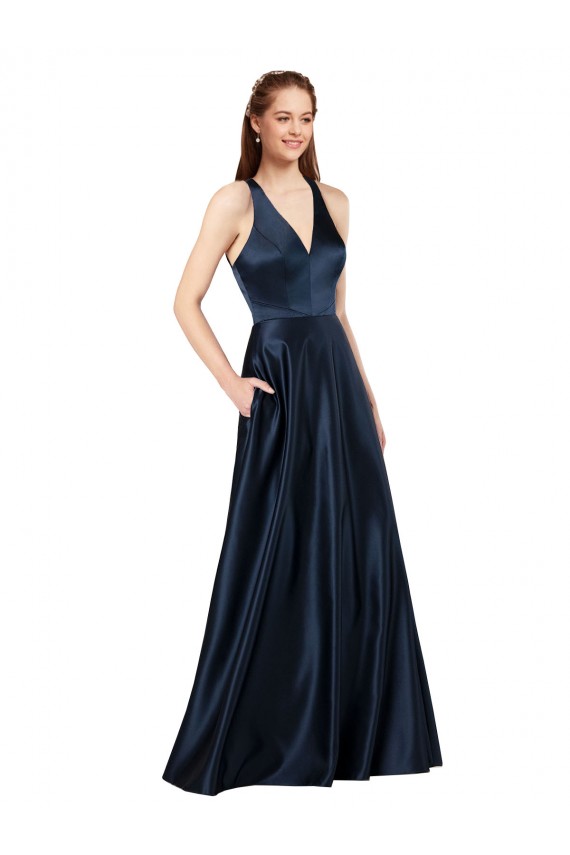 Outlet Sleeveless Luxe Satin Keyhole Back A-Line Dark Navy Evening Dress Canada