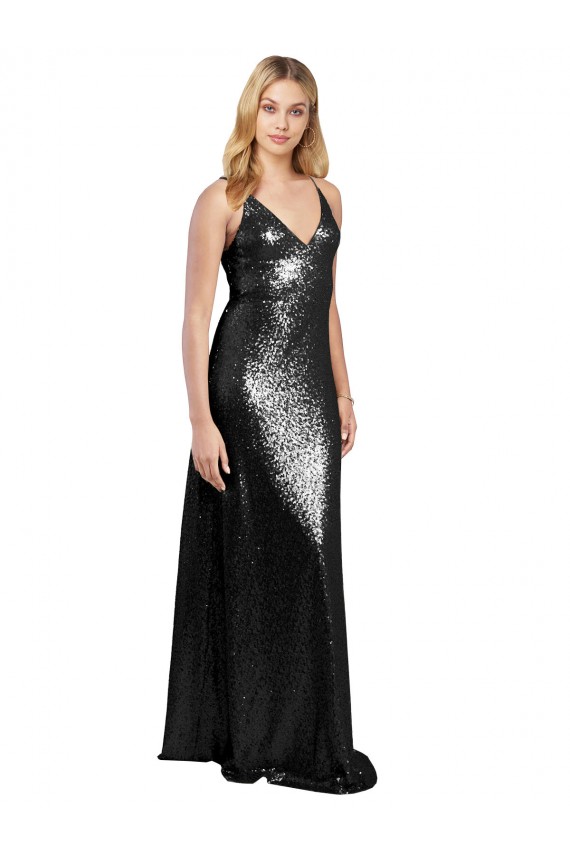 Outlet Sleeveless Sequin V-Back A-Line Black Sexy Evening Dress Canada