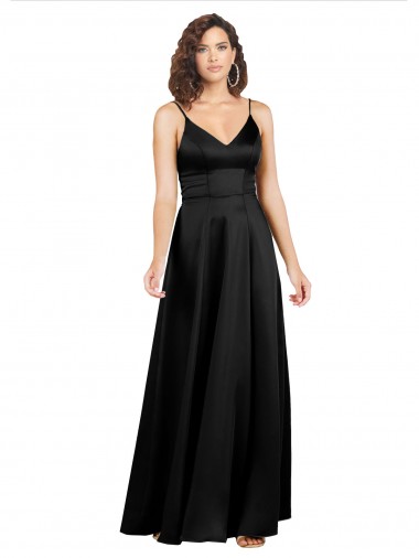 Outlet Sleeveless Silky Satin V-Back A-Line Black Evening Dress Canada