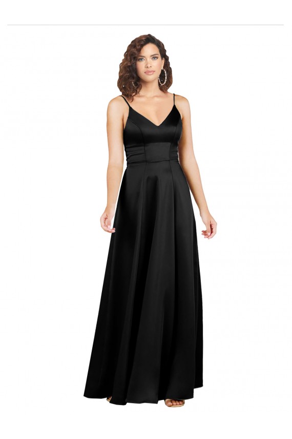 Outlet Sleeveless Silky Satin V-Back A-Line Black Evening Dress Canada
