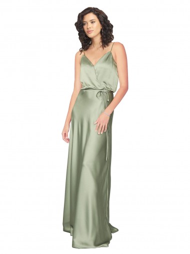 Outlet Sleeveless Silky Satin V-Back A-Line Smoke Green Evening Dress Canada