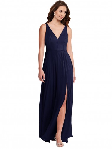 Outlet Sleeveless Soft Chiffon V-Back A-Line Dark Navy Maxi Evening Dress Canada